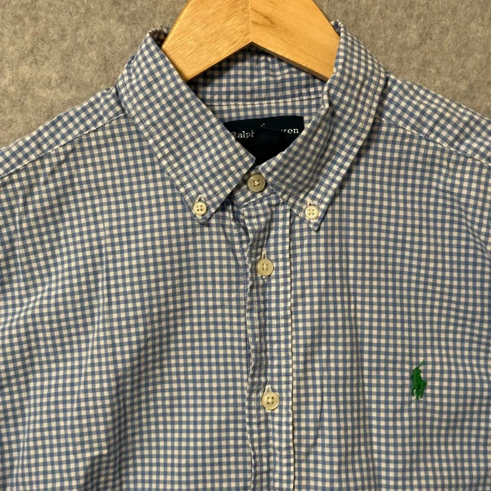 Ralph Lauren Kids Blue Gingham Button Down Shirt L 14-16 Cotton Long Sleeve Pony